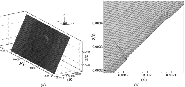 Figure 3. (a) Meshed cylindrical roughness element generated by displacing the corresponding mesh points at the wall; (b) A close-up of the mesh in a x-z plane (y = 0.5L r ) near the roughness element.