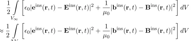 Fig. 2. These diﬀerence ﬁelds produced by the dipole moments inside ΔV do not extend across ΔS.The energy in these inside ﬁelds plus the mechanical energy supplied by the microscopic electric ﬁeld eacting on the microscopic current j in Δ through the j e i