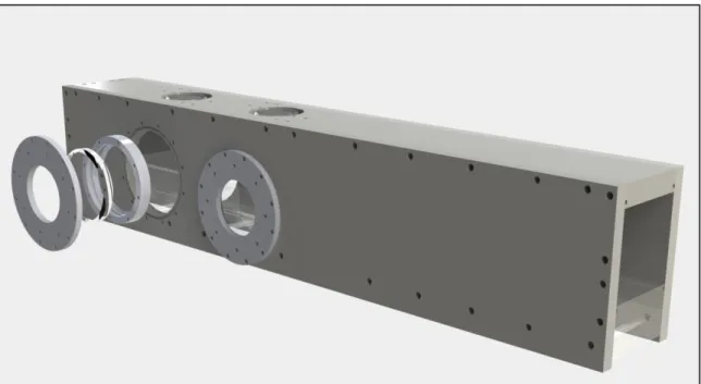 Figure 3.3 Test section assembly, with an exploded view of the side window frame. Flow is from left  to right