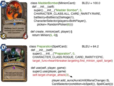 Figure 5: Examples of decoded cards from HS.Copied segments are marked in green and incor-rect segments are marked in red.