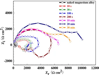 Figure 3.  Nyquist plots of the naked magnesium alloy and the phosphated magnesium alloys immersed in the phosphating bath with different time