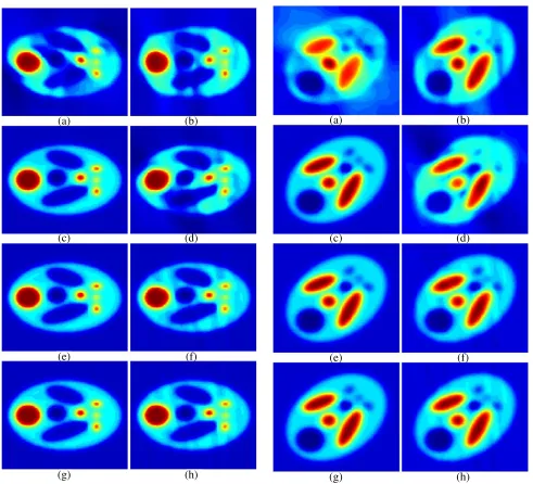 Figure 10. Reconstructed imaginary part of theand right column shows reconstruction from 200test image under noiseless conditions.The leftcolumn shows reconstruction from 270◦ coverage◦coverage.(a), (b) using regular FBPP, (c), (d)using sine-sq weights, (e), (f) using gamma-cdfweights, (g), (h) using beta-cdf weights.