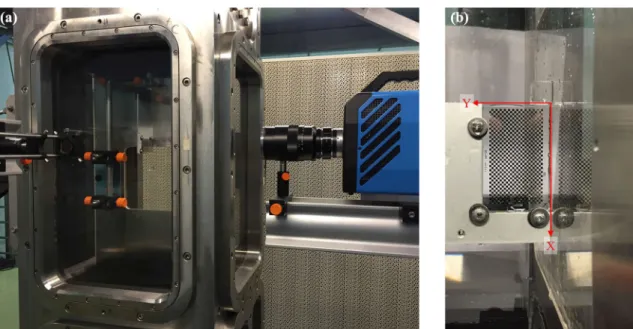 Fig. 2    High-resolution 2D-2C TR-PIV setup to image the upstream area of the cube. The calibration target can be seen installed upstream of the  cube (a) and calibration target placed downstream of the cube (b)