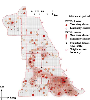 Figure 5: The corresponding 2D cluster map of the 3D results shown in Figure 4. The points(stars) are the evaluated data sets at thetop 20% risk locations generated by the PKDE method using the recent 90 days’ datasets.The clusters by both methods are reso