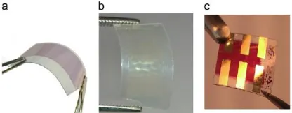 Figure 3.  (a) printed 15% P3HT:PCBM 1:1 in oDCB on PET/ITO (b) TiOx dissolved in IPA, printed on PET/ITO, 100 lines cm-1 0 shape and (c) an inverted organic solar cell with, spin coated TiOx, PEDOT:PSS þ20 % IPA, a device with a printed P3HT:PCBM (15 % in