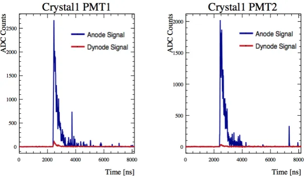 Figure 5. Typical raw waveform of a triggered event from two PMTs in the same crystal, with both high-gain(anode) and low-gain (dynode) signals overlaid