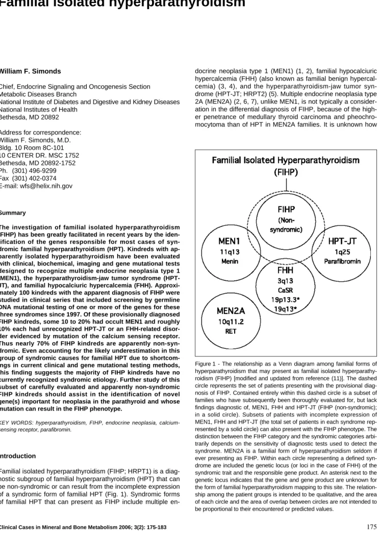 Figure 1 - The relationship as a Venn diagram among familial forms of hyperparathyroidism that may present as familial isolated  hyperparathy-roidism (FIHP) [modified and updated from reference (11)]