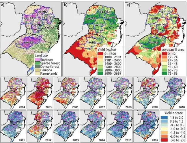 Figure 2.1: a) simplified land cover map from MapBiomas as of 2017. All the following  maps are based on (IBGE, 2018a) yearly data from 2003 to 2017: b) median soybean  yield, c) median percentage area and, the small maps show the annual yield variation  e