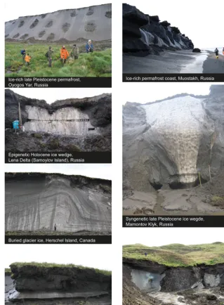 Figure 2. Ground-ice conditions and examples of studied ground-ice types in the Siberian and North American Arctic