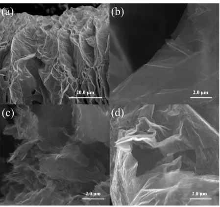 Figure 2.  SEM images of (a) expanded graphite, (b) expanded graphite sheets after large power ultrasound treatment, (c) nanometer graphite flakes prepared by microwave hydrothermal method and (d) SnO2-nanometer graphite flakes composite