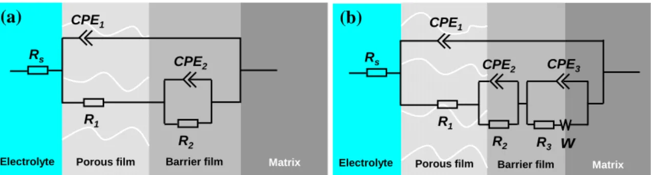 Figure 9. Equivalent circuits for the interpretation of EIS spectra obtained at different temperature (a)  from 20 to 60 ℃; (b) 80 ℃ 
