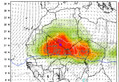 Figure 1. Climatological state of the Saharan heat low region (meanof June, 1979–2013): SHL location, low-level circulation, and dustload