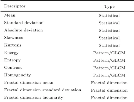 Table 3: A summary of the image feature descriptors and their type.