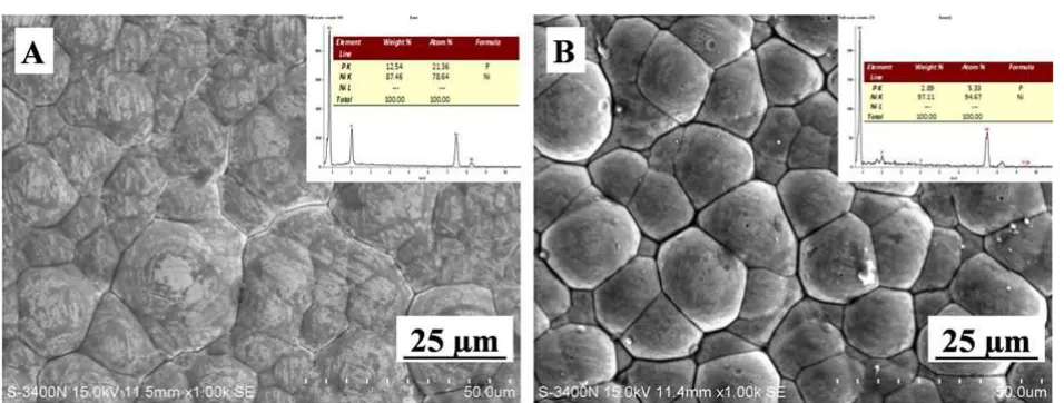 Figure 2.  SEM micrograph of electroless Ni-P coated substrates (A) Bath A (B) Bath B