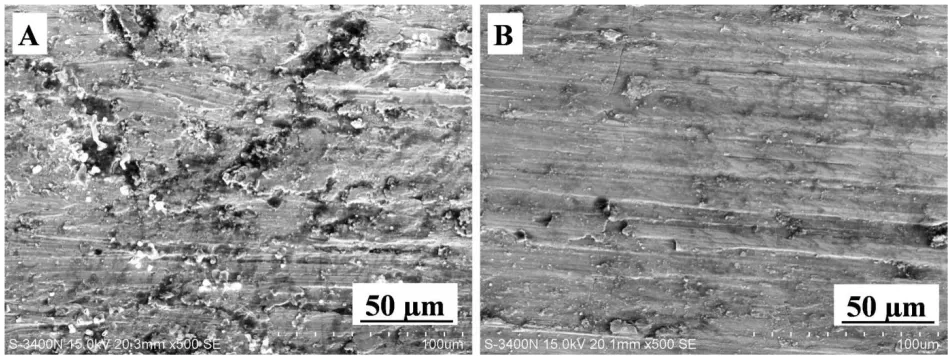 Figure 5.  SEM micrograph of wear tracks of the substrates (A) Bath A (B) Bath B. 