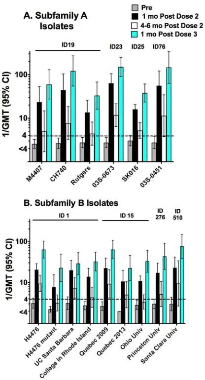 FIG 3 Geometric mean serum bactericidal titers. (A) Strains with FHbp subfamily A sequence variants