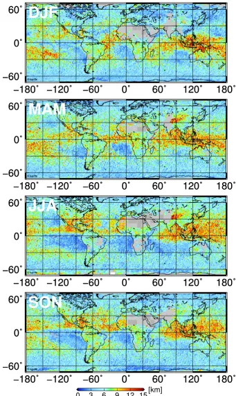 Fig. 12. Maps of seasonal cloud top height for year 2001 for clouds with optical thicknessFig