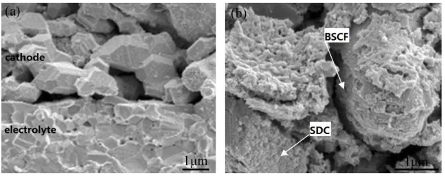 Figure 1. SEM micrographs: a) Cross-sectional view of BSCF matrix; b) Cross-sectional view of impregnated BSCF-SDC electrode