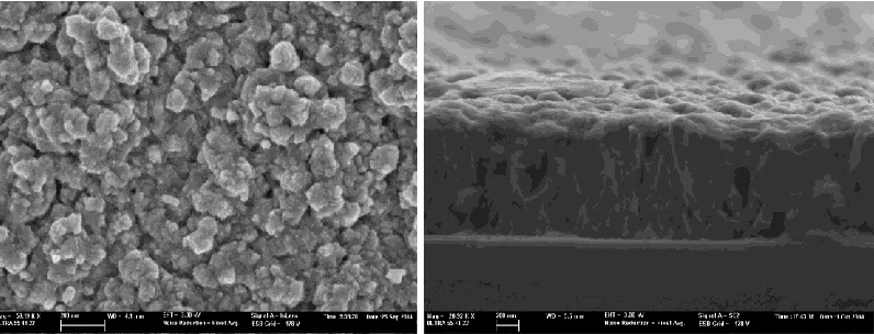 Figure 5. (a) Surface morphology and, (b) cross-sectional SEM images for Bi2Te3/FTO thin film