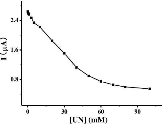 Figure 3.  The relationship between different UN concentration and current with the potential of 0.2 V, and the test started after waiting 40 s when sample was added