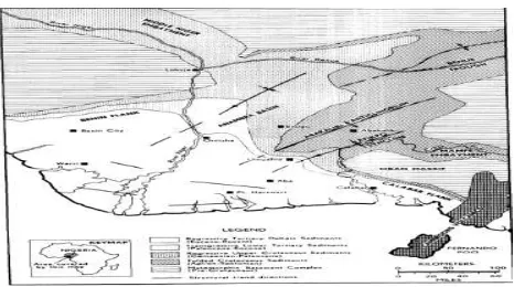 Figure .1: Diagram showing depobelts and dip section of the Niger Delta Basin.(Frankl & Cordy, 1967) 