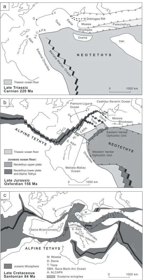 Fig. 2. Schematic palinspastic sketches visualizing  concepts presented in the text and incorporating  ideas mainly taken from Frisch (1979), Frank (1987),  Dercourt et al