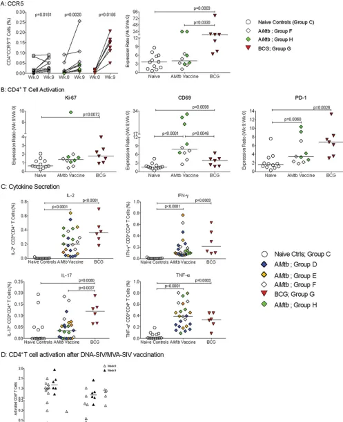 FIG 6 PBMC CD4at week 9 over week 0.� T cell activation at week 9. (A) Frequencies of CCR5� CD4� T cells for individual animals in each group at week 0 (time of immunization)and week 9 (start of SIV challenge); P values were determined by Wilcoxon signed-r