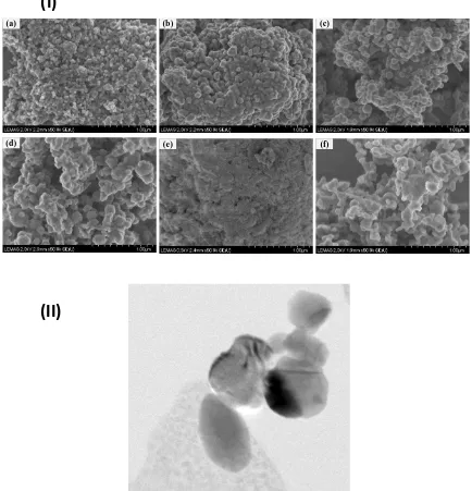Fig.  1 Morphological appearance of nanopowders (I) SEM images of nanopowders of (a) Copper, (b) Silver, (c) Iron, (d) Zinc, (e) Aluminum oxide- and (f) Silicon and (II) TEM micrograph of silver nanoparticles dispersed in deionized water