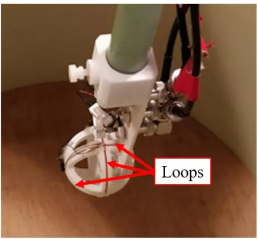 Figure 2.2-1: The probe used to collect dB/dt measurements. The probe had 3 axes corresponding to the Cartesian axes, with the three loops consisting of 10 loops of copper wire each with a 5.0 cm loop diameter, shown by the arrows