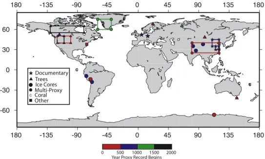 Figure 2. Maps and time series of 5 by 5 grid box instrumental temperature data: (a) percent coverage of the Hadley Centre/Climatic Research Unit version 2 (HadCRUT2v) data set [Jones and Moberg, 2003] for the 1856 – 2002 period, (b) percent coverage ove