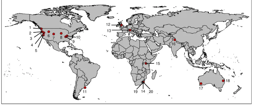 FIG. 1.Global map showing the distribution of the 20 NutNet sites across 6 continents represented in our analysis