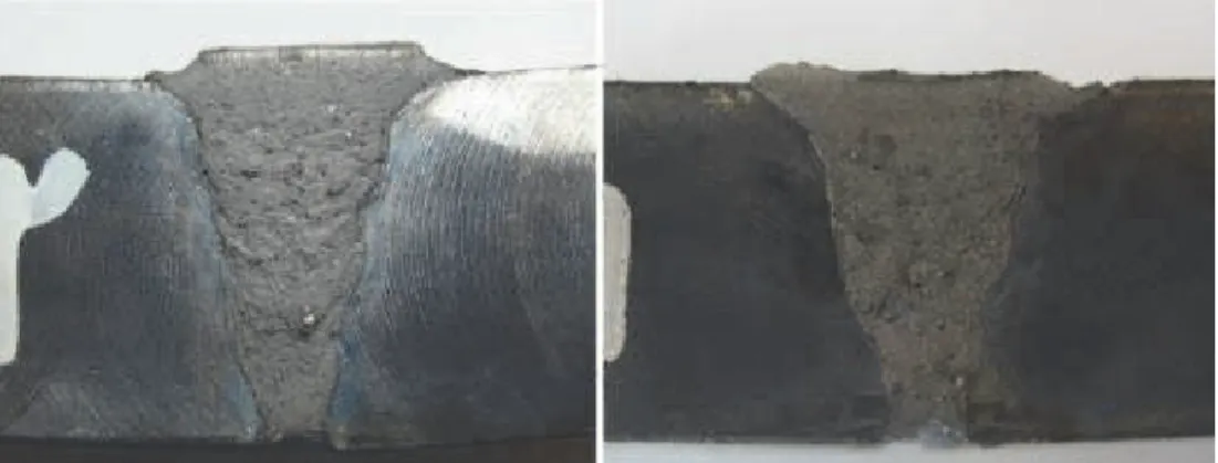 Fig. 7. Front view of the weld sections, 32.3J/mm 2  WHI and 393 J/mm heat input according   to Ex