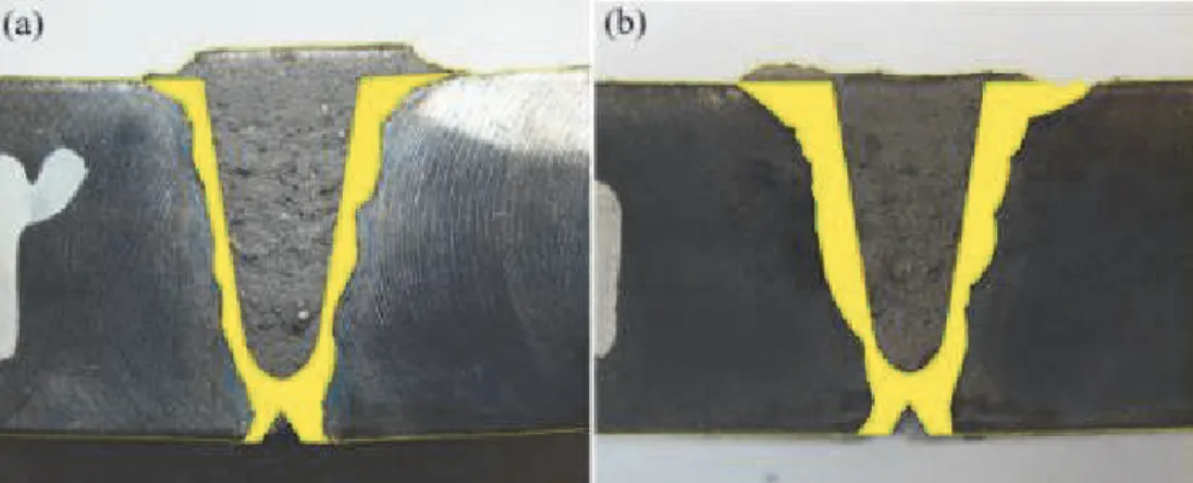 Fig. 9. Fusion zones of metal base in Ex. 1 (32.3J/mm 2  WHI) (a), and for Ex. 2 (35.2J/mm 2 )  (b) 