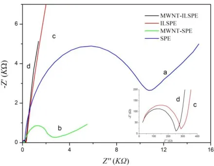 Figure 2. Electrochemical impedance spectra of different modified electrodes in 5.0 mmol/L K3[Fe(CN)6] containing 0.1 mol/L KCl with the frequently from 104 to 0.1 Hz; (a) SPE, (b) MWNT-SPE, (c)ILSPE and (d) MWNT-ILSPE