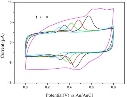 Figure 5. The cyclic voltammograms of MWNT-ILSPE in sodium acetate buffer solution with 10.0 µmol/L rutin at different pH from a to f are 2.0, 3.0, 4.0, 5.0, 6.0 and 7.0; Scan rate 100 mV/s