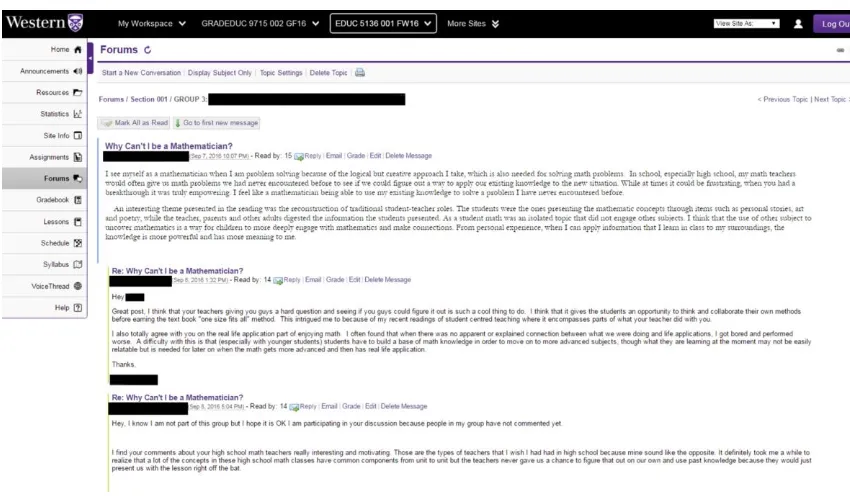 Figure 6. Screen capture of a threaded forum discussion in Western University’s LMS. Participants’ names have been covered