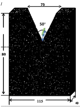 Figure 1:  Schematic diagram of the V-notch sandstone sample subjected to an axial line-loading (quasi-static) across its thickness (all dimensions are in mm)