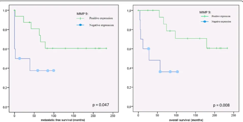 Fig. 3 Kaplan-Meier analysis of the expression of MMP-1 (dash: positive expression; spot: negative expression) and metastatic free survivalrespectively of overall survival in chondrosarcoma