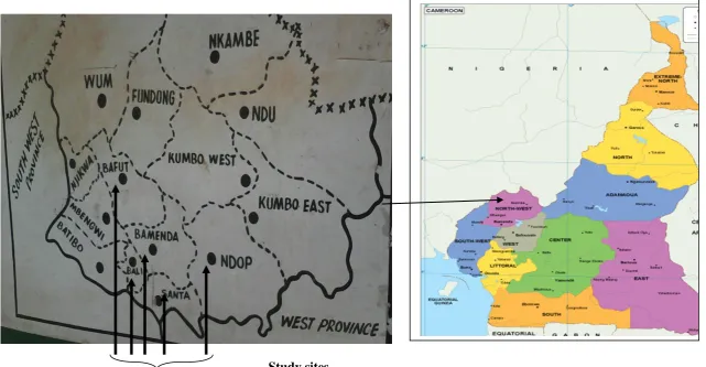 Figure 3.1: Map of the Northwest region (Bamenda) showing the study sites (RTG, 2013 unpublished)  