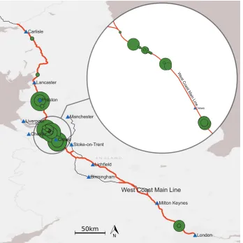 Figure 5: Distribution of RCF sites and long slides. Shaded circle size indicates long slides within 