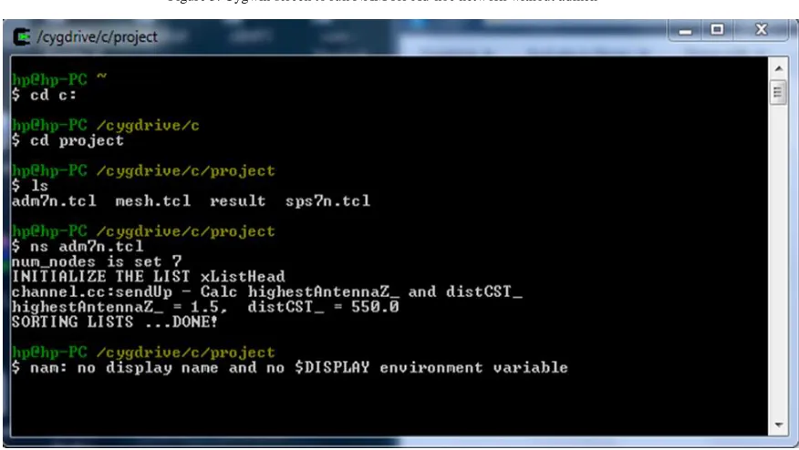 Figure 3. Cygwin screen to run NAM for Ad-hoc network without admen 