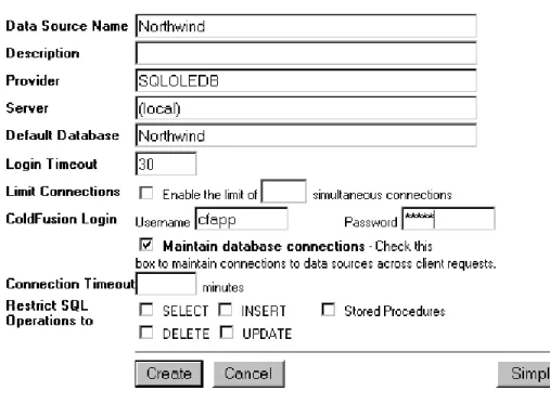 Figure 5-1 Create an OLE DB data source for SQL Server in  ColdFusion Administrator. 