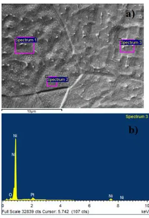 Figure 1. a) SEM micrograph picture of Pt-modified Ni foam surface (ca. 0.18 wt.% Pt), taken at 3,500× magnification; b) EDX spectrum for Pt-modified Ni foam substrate