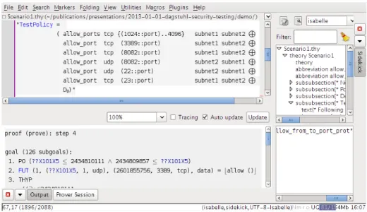 Figure 1. A HOL -T EST G EN session showing the jEdit-based Isabelle Interface. The upper-left sub-window allows one to interactively step through a test theory comprising test specifications, while the lower-left