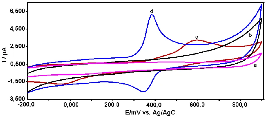 Figure 2 . CVs of APAP on the bare GCE and poly(CA)-modified GCE in 0.1 M PBS (pH 7.0) at scan rate of 100 mV s-1