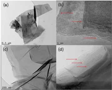 Figure 5.  HRTEM images showing selected features of Graphite [(a) and (b)] and Graphene Oxide [(c) and (d)] 