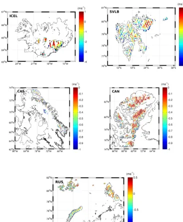 Figure 1. Spatial patterns of elevation changes of the ﬁve regions in the form of the satellite ground track coverage.