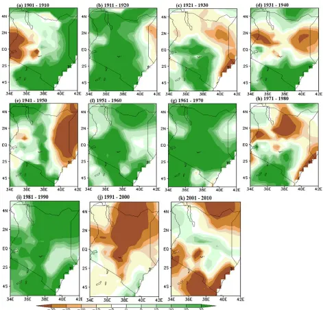 Figure 4. 12: Decadal change in March-May rainfall anomaly from 1901 to 2010 relative to the base period of 1981 – 2010 over Kenya based on CRU datasets  