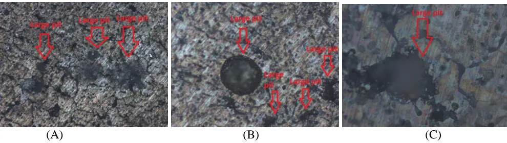 Figure 5. Extent of corrosion on the BM after immersion in 3.5% NaCl solution at different magnification (A) 10X, (B) 20X, and (C) 50X  