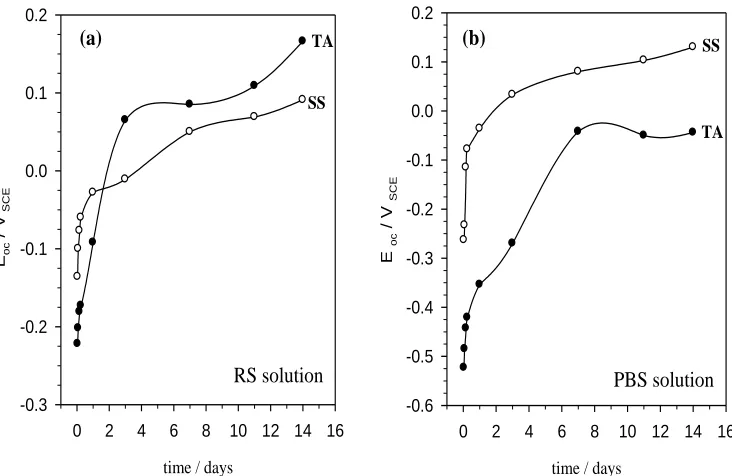 Figure 1 . Evolution of the OCP (Eoc / VSCE) for both 316L stainless steel (SS) and Ti-6Al-4V alloy (TA) in (a) Ringer saline (RS) and (b) phosphate buffer saline (PBS) solutions